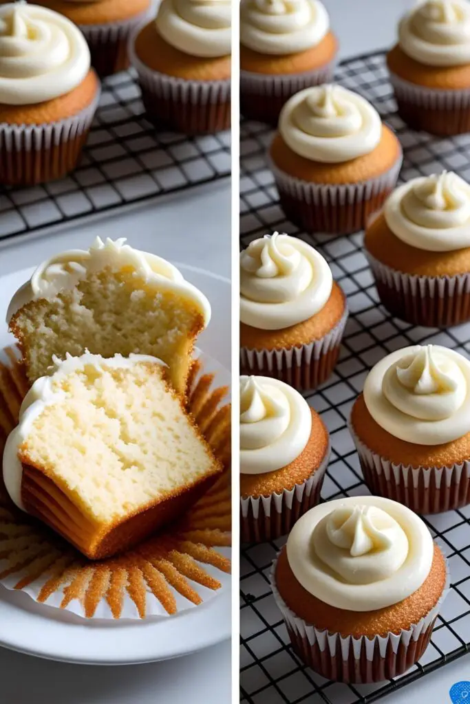 A side-by-side image showing the moist crumb of a cut vanilla cupcake and a batch of perfectly baked cupcakes on a cooling rack.