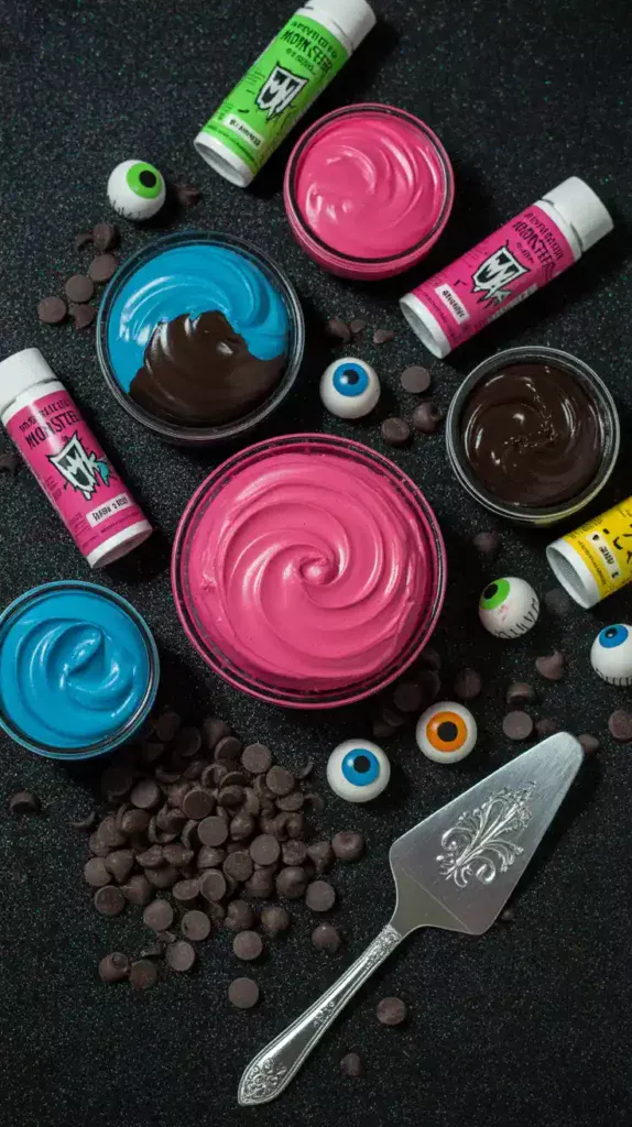 A flat lay of the colorful ingredients needed to bake a Monster High cake, including pink and black batter and sprinkles.