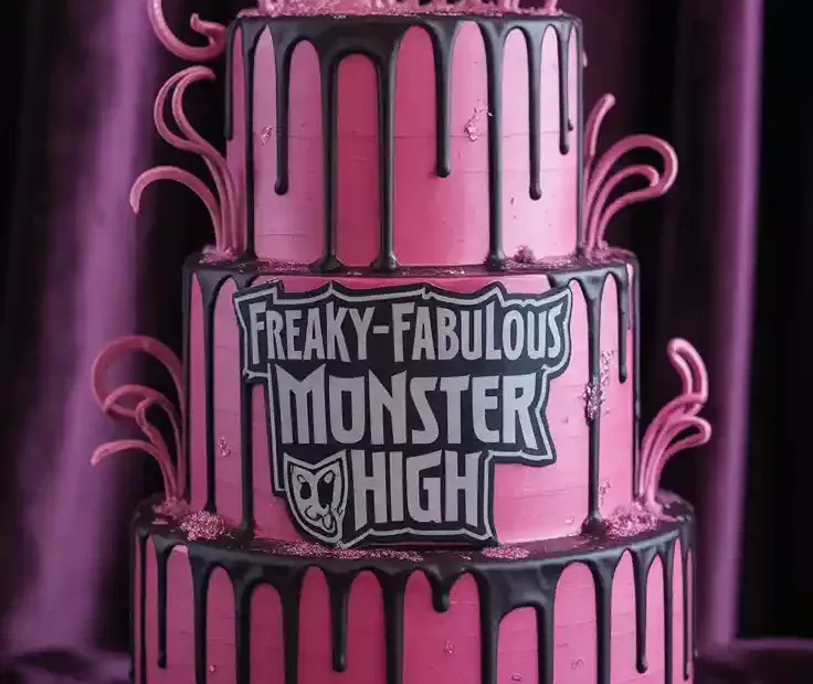 The finished pink and black Monster High drip cake with a text overlay that reads "Freaky-Fabulous Monster High Cake."