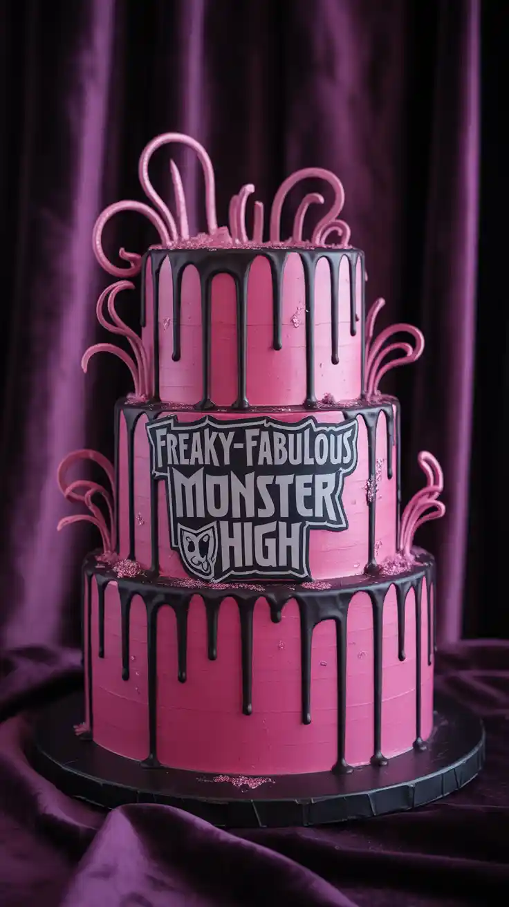 The finished pink and black Monster High drip cake with a text overlay that reads "Freaky-Fabulous Monster High Cake."