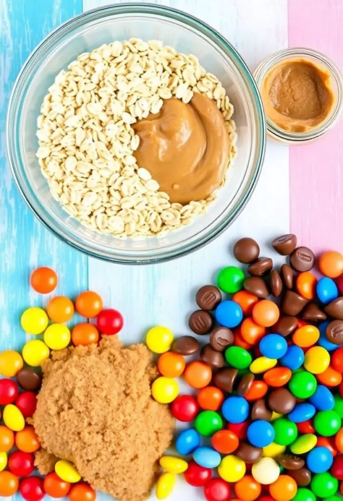 A colorful flat lay collage of ingredients for monster cookies: a bowl of quick oats, a jar of peanut butter, brown sugar, chocolate chips, and a rainbow of M&Ms.