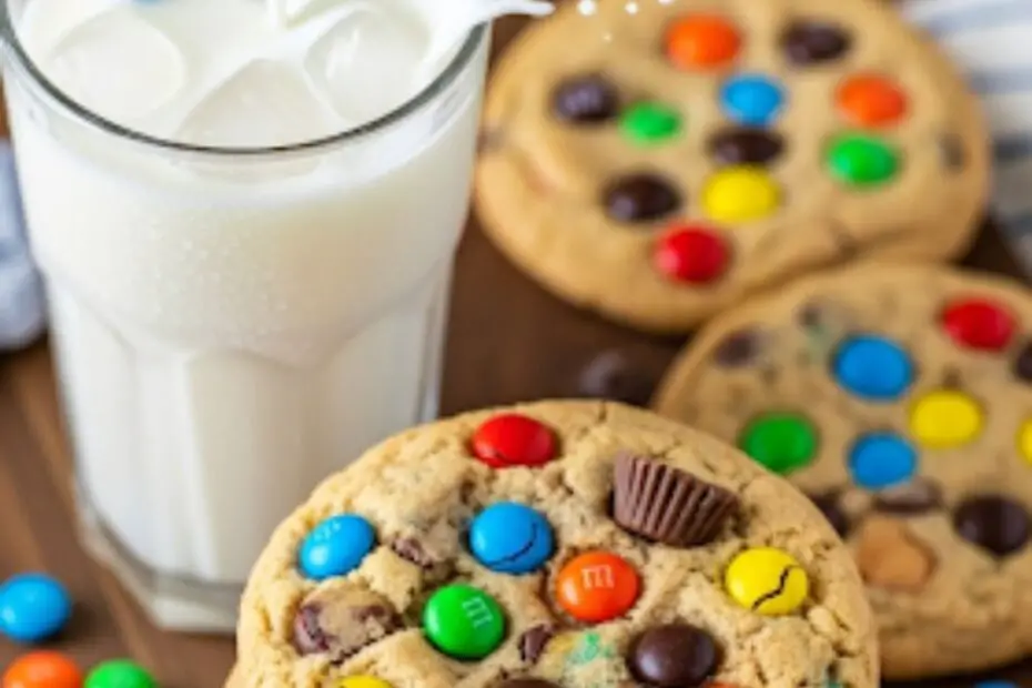 Text overlay "The Ultimate Monster Cookies Recipe" over a vibrant, fun image of a stack of giant, colorful monster cookies loaded with M&Ms and chocolate chips.