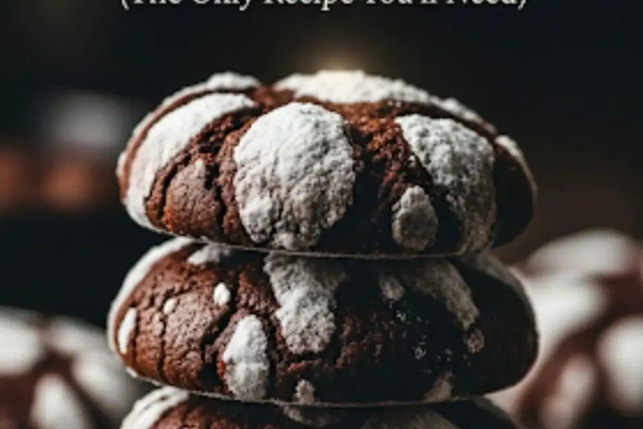 Text overlay "The Ultimate Crinkle Cookies Recipe" over a dramatic, beautiful shot of dark chocolate crinkle cookies with stark white cracks, piled on a plate