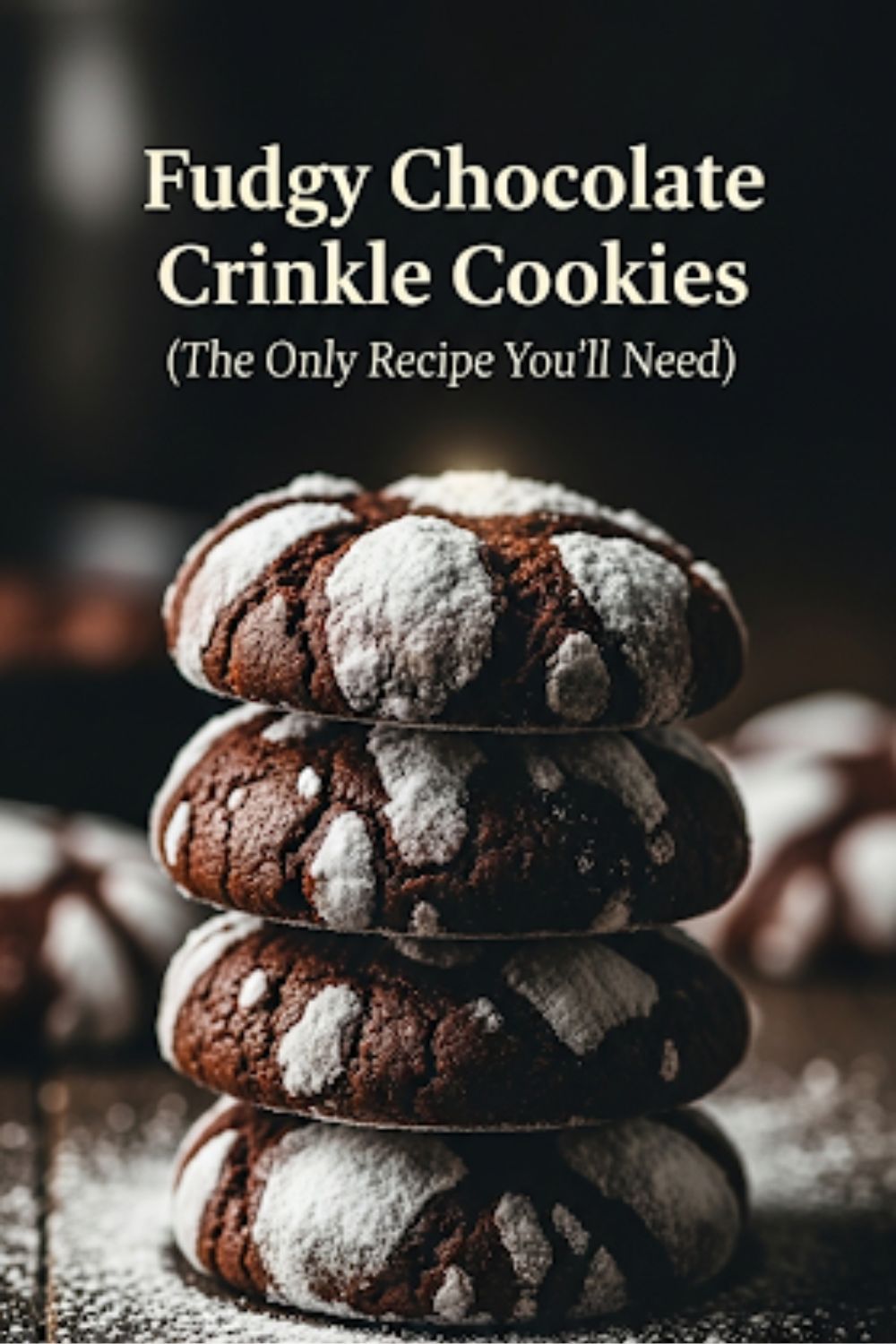 Text overlay "The Ultimate Crinkle Cookies Recipe" over a dramatic, beautiful shot of dark chocolate crinkle cookies with stark white cracks, piled on a plate