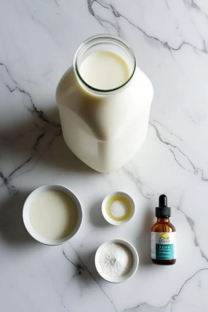 The essential ingredients for making mozzarella cheese at home: a gallon of milk, citric acid, and liquid rennet.