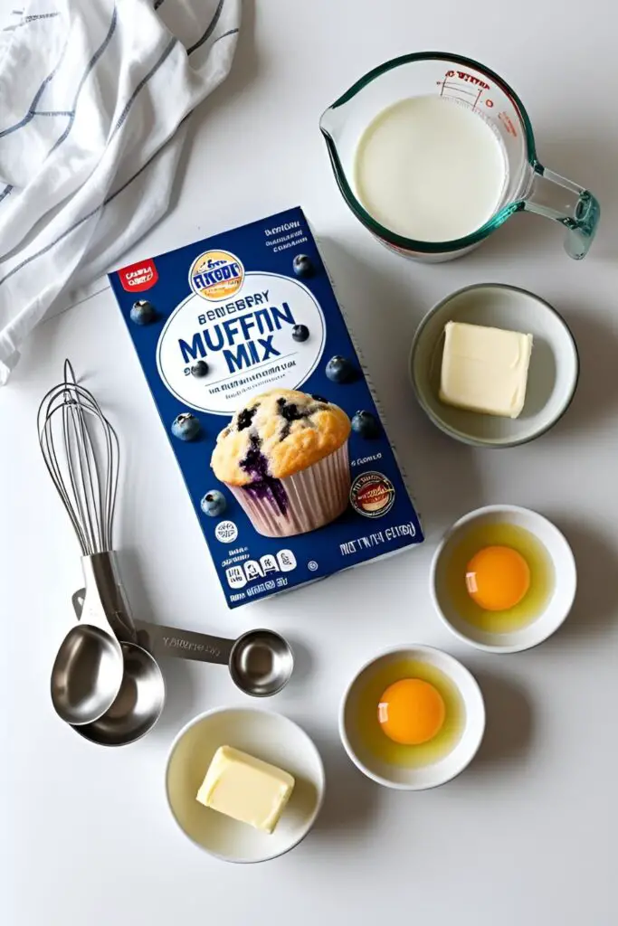The ingredients needed to make waffles from muffin mix, including the mix, milk, eggs, and butter.