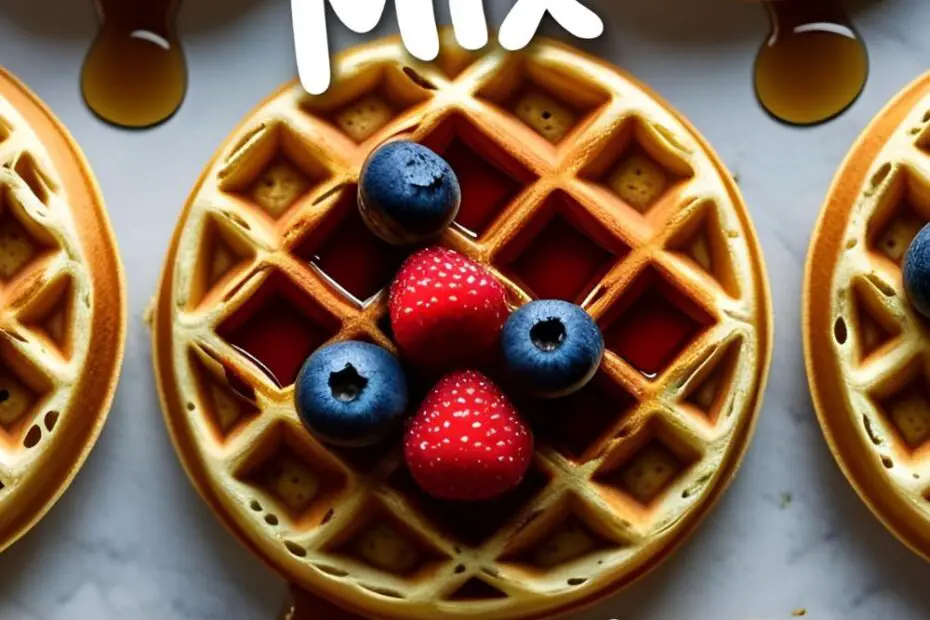 Crispy waffles made from muffin mix topped with berries and syrup, featuring the text "Muffin Mix Waffles."