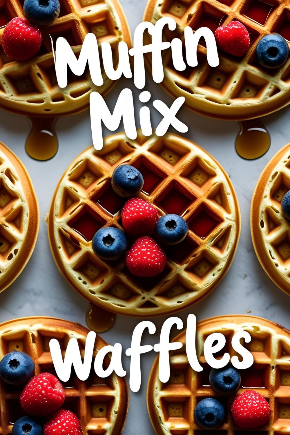 Crispy waffles made from muffin mix topped with berries and syrup, featuring the text "Muffin Mix Waffles."