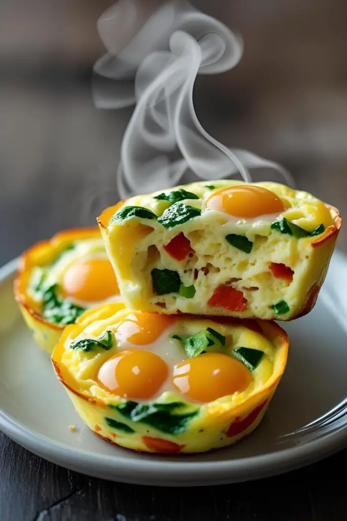 A close-up photo of two muffin tin egg bites, with one cut in half to show the fluffy texture and colorful fillings