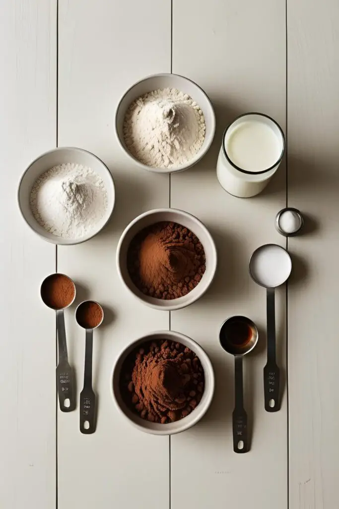 A flat lay collage of ingredients for a chocolate mug cake: flour, sugar, cocoa, and milk.