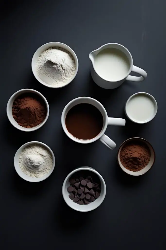 The simple ingredients for making a chocolate mug cake in the microwave, arranged neatly around an empty mug.