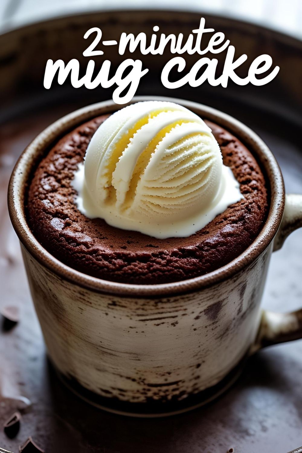 A delicious and fudgy chocolate mug cake made in the microwave, topped with a melting scoop of vanilla ice cream.