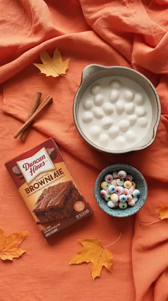The simple ingredients for making easy mummy brownies: a box of brownie mix, white candy melts, and candy eyeballs.