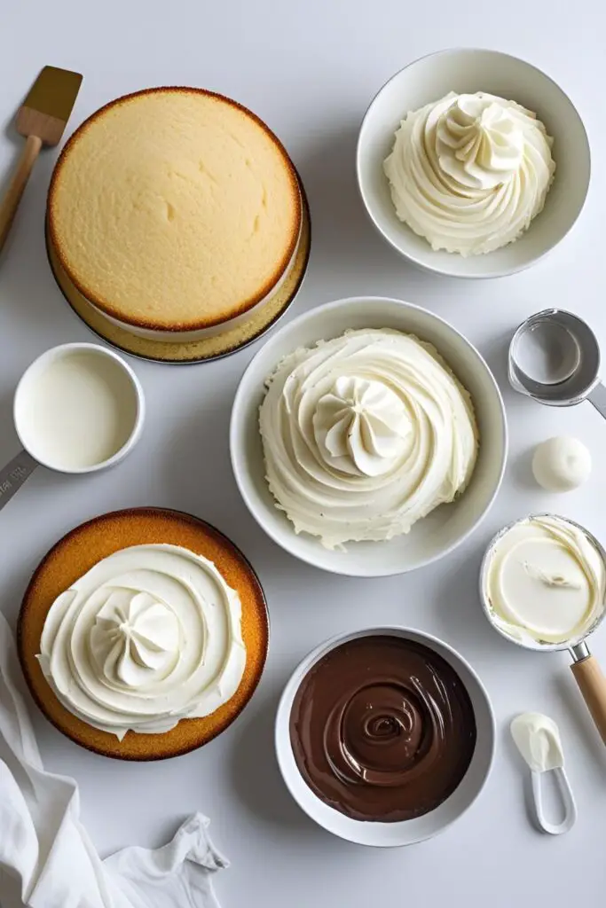  A flat lay of ingredients needed to make a mushroom cake, including cake layers, frosting, melted chocolate, and fondant.