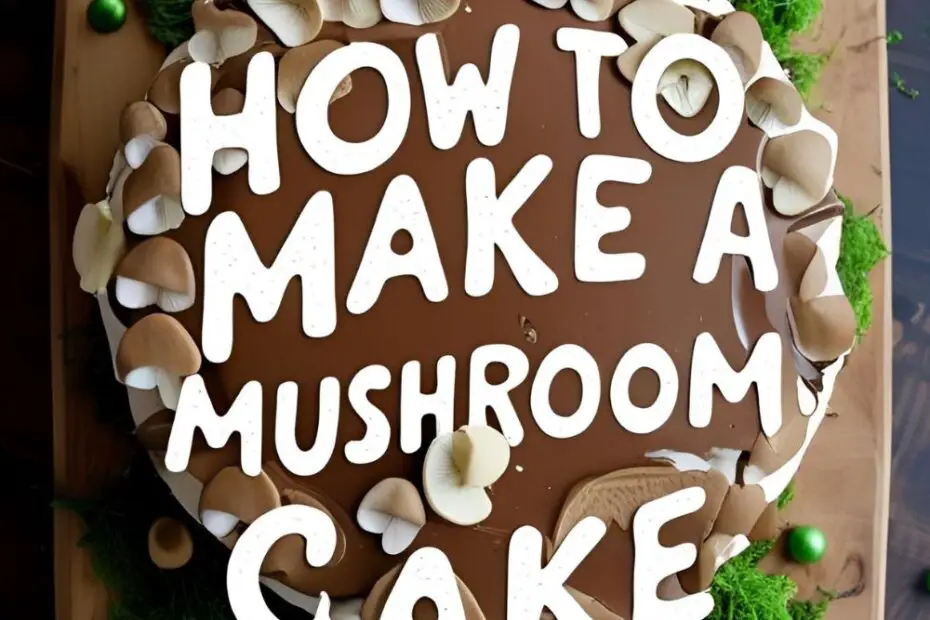 A charming mushroom-shaped cake on a wooden board with the text overlay "How to Make a Mushroom Cake."