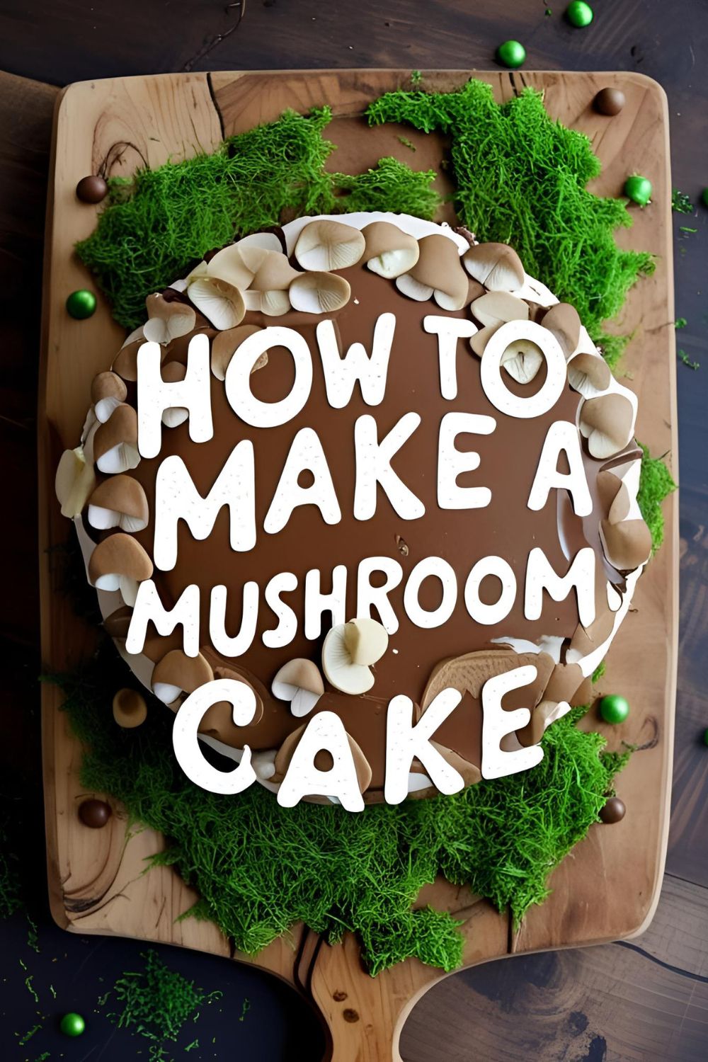 A charming mushroom-shaped cake on a wooden board with the text overlay "How to Make a Mushroom Cake."