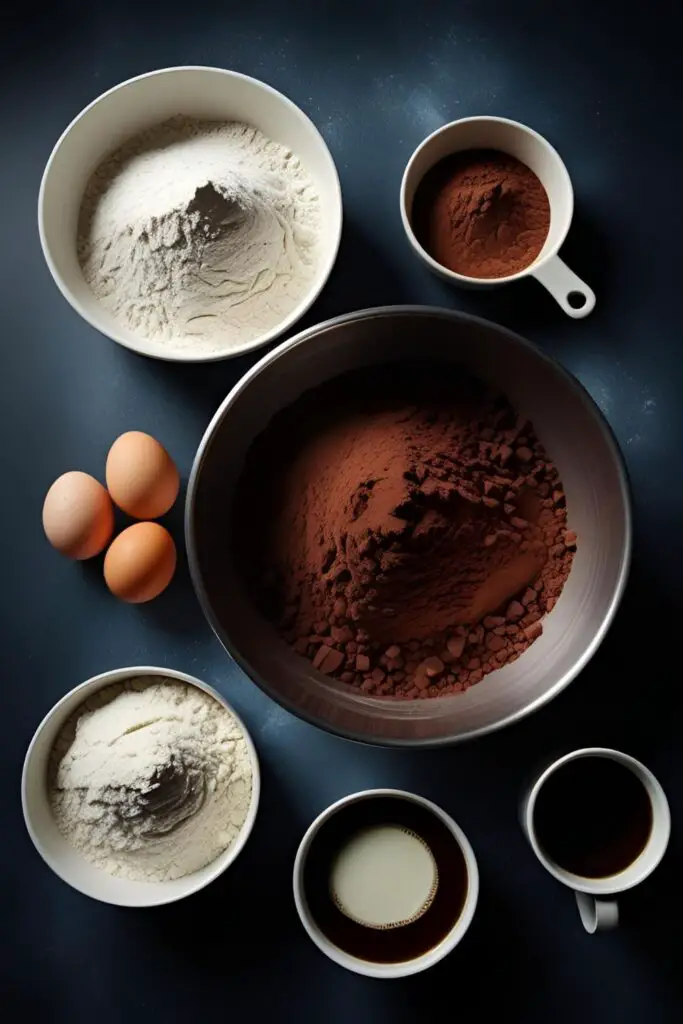 The ingredients for a one-bowl chocolate cake arranged around a large mixing bowl, showcasing the ease of the recipe.

