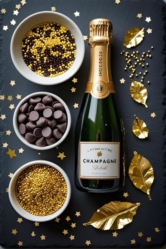 A festive flat lay of ingredients for a champagne New Year's cake, including a mini champagne bottle, chocolate, and gold sprinkles.