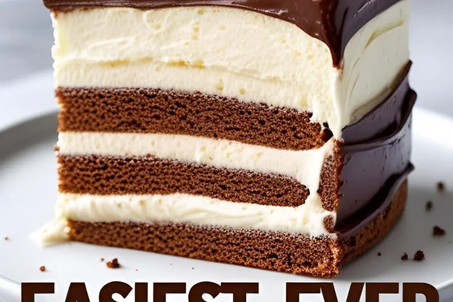 A no-bake chocolate eclair cake in a glass dish with a slice taken out to show the creamy layers