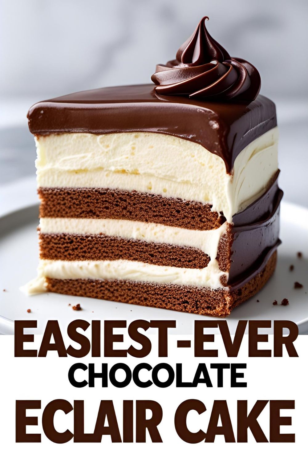A no-bake chocolate eclair cake in a glass dish with a slice taken out to show the creamy layers