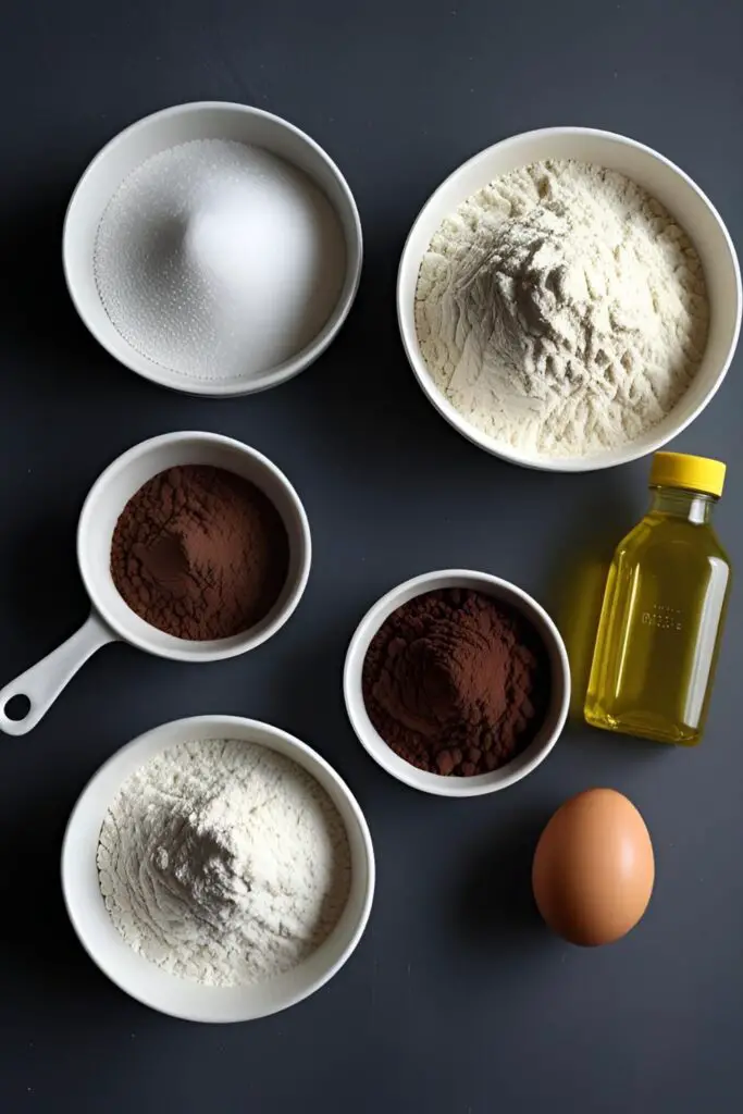 A flat lay of the simple ingredients for a one-bowl chocolate cake from scratch: flour, sugar, cocoa powder, oil, and an egg.