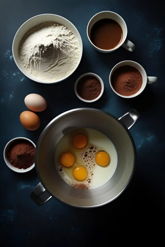 The ingredients for a one-bowl chocolate cake arranged around a large mixing bowl, showcasing the ease of the recipe.