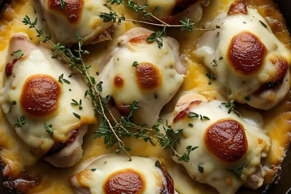 A cast-iron skillet of delicious French onion chicken with bubbly Gruyère cheese, with the text overlay "One-Pan French Onion Chicken."