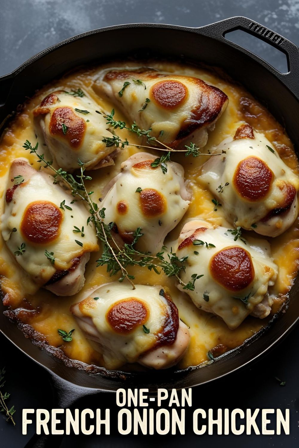 A cast-iron skillet of delicious French onion chicken with bubbly Gruyère cheese, with the text overlay "One-Pan French Onion Chicken."