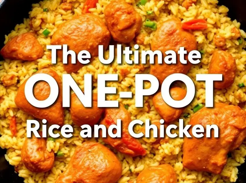A skillet of savory rice and chicken garnished with parsley, with the text overlay "The Ultimate One-Pot Rice and Chicken."