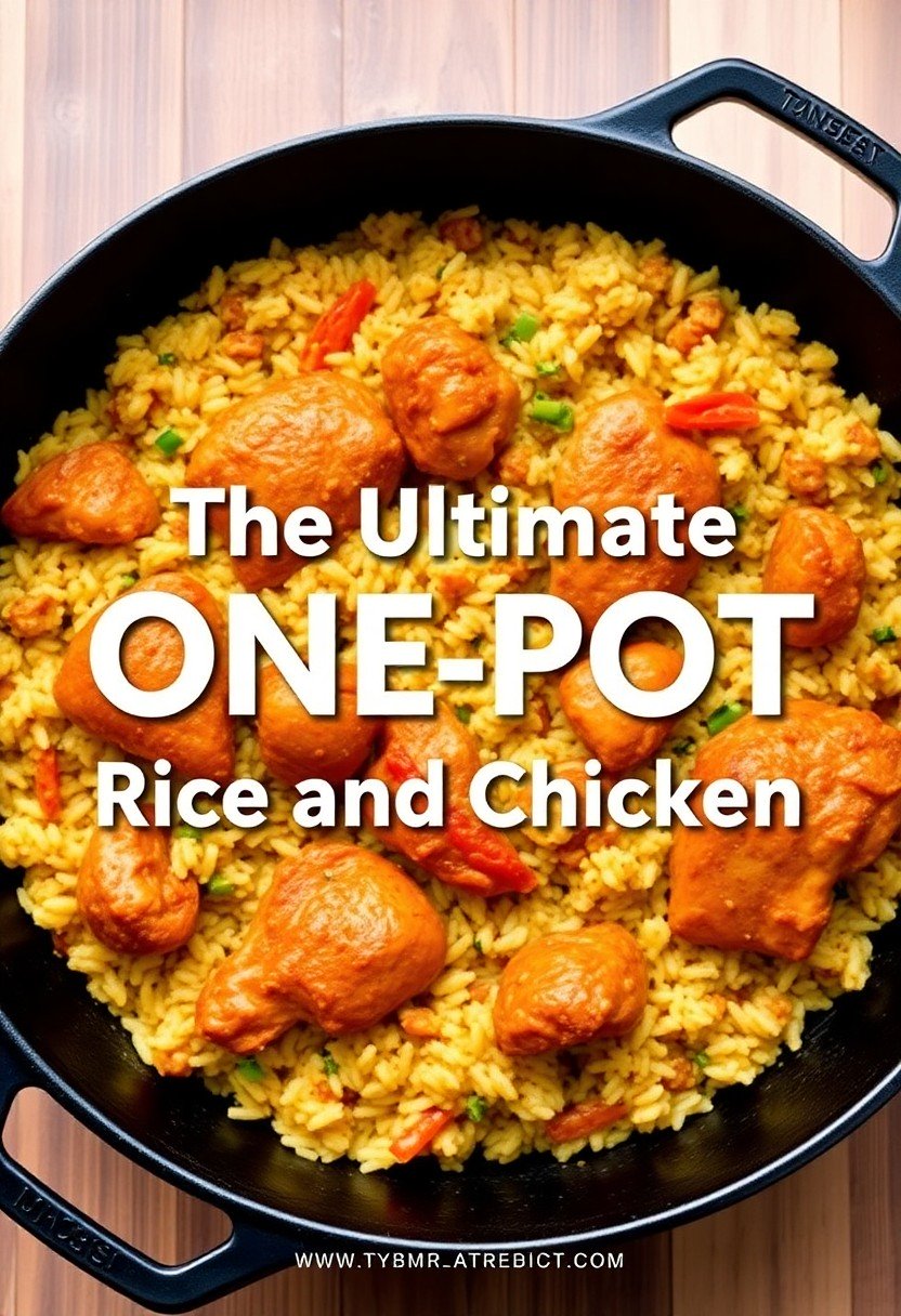 A skillet of savory rice and chicken garnished with parsley, with the text overlay "The Ultimate One-Pot Rice and Chicken."