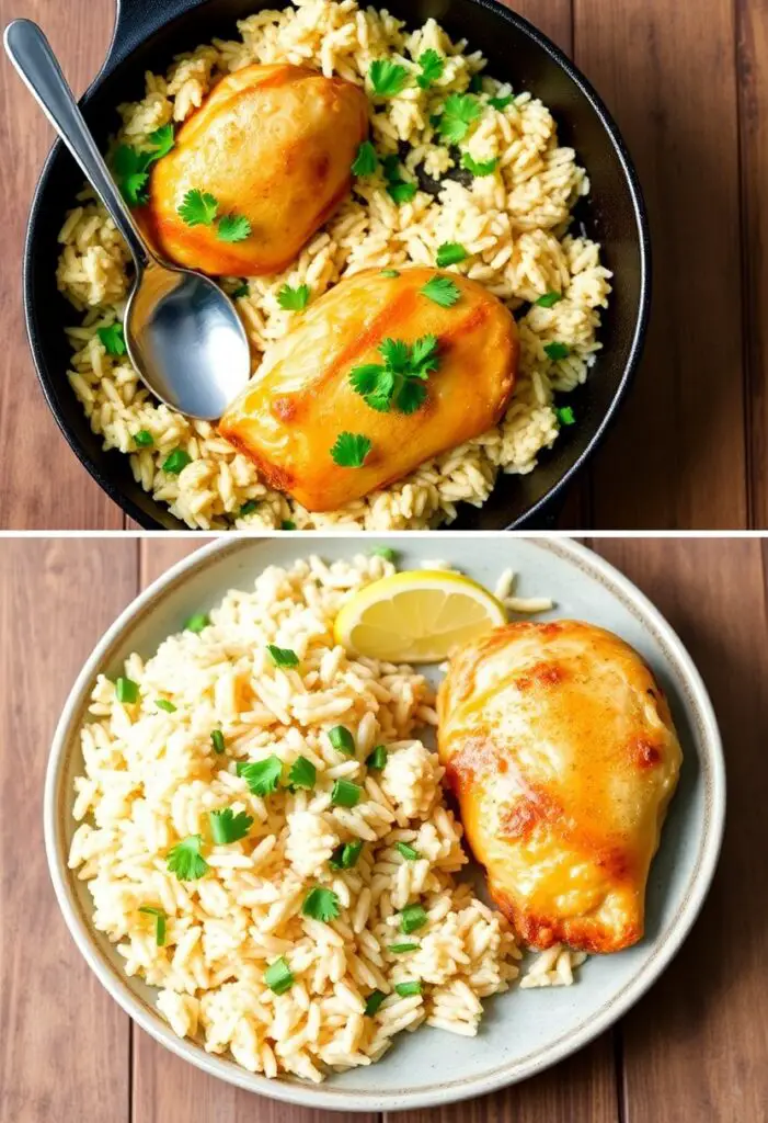 A close-up of a serving of rice and chicken on a plate, next to the full skillet of the finished dish.