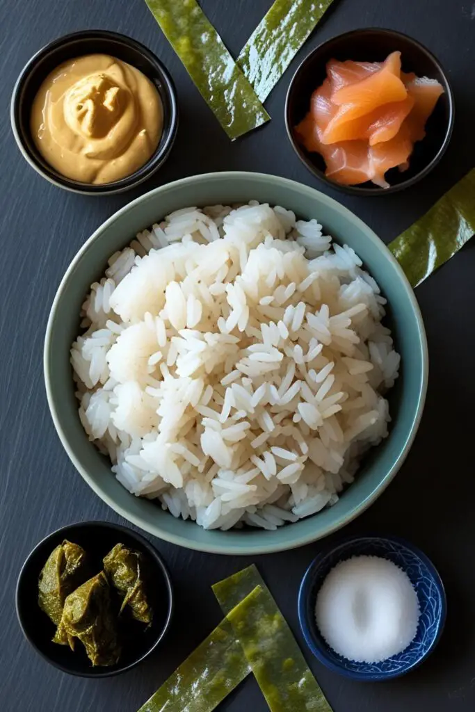 The essential ingredients for making homemade onigiri: Japanese rice, nori, and various fillings like tuna mayo and salmon.

