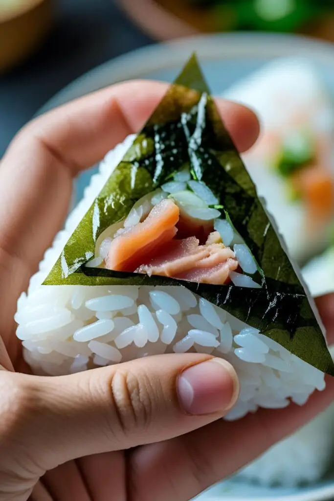 A close-up of a delicious homemade onigiri with a creamy tuna and mayonnaise filling, wrapped in nori seaweed.