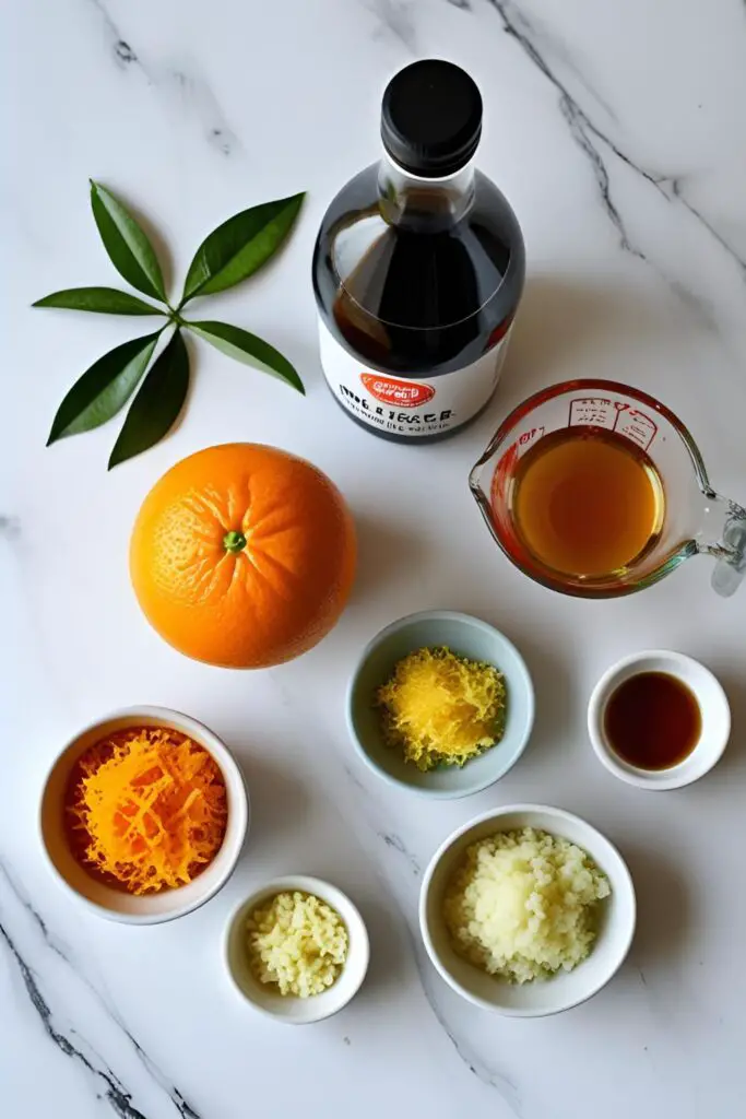A flat lay of ingredients for orange chicken sauce, including oranges, soy sauce, ginger, garlic, and rice vinegar