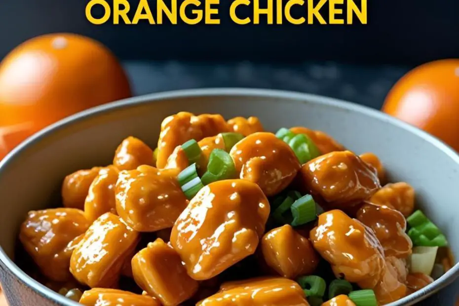 A vibrant, mouth-watering photo of orange chicken in a bowl, with the text "Better Than Takeout Orange Chicken" in a bold, eye-catching font.