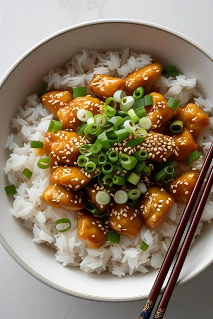 A beautiful bowl of orange chicken served over a bed of fluffy white rice, garnished with green onions and sesame seeds.