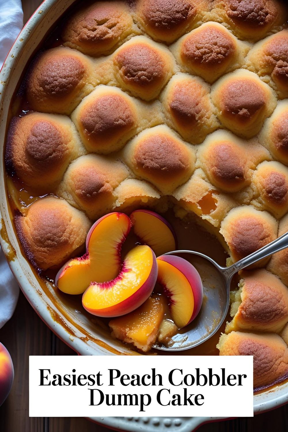 A golden-brown peach cobbler dump cake in a white ceramic baking dish, with a scoop taken out to show the bubbly peach filling.