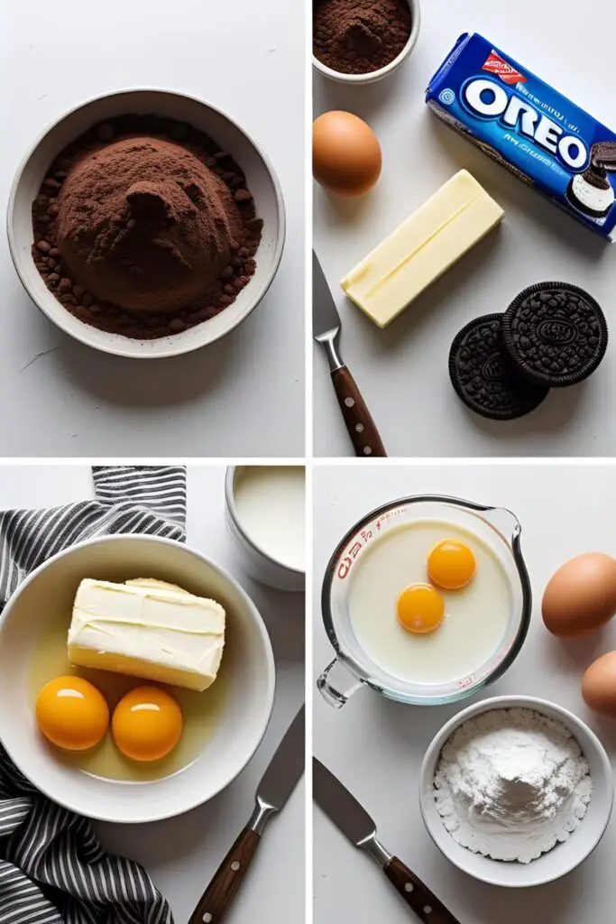 The delicious ingredients needed to make a homemade chocolate Oreo cake with cookies and cream frosting.