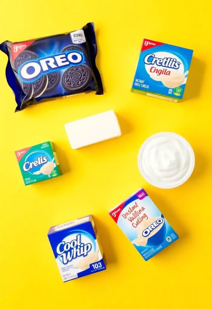 A flat lay of ingredients for Oreo dirt cake: Oreos, cream cheese, pudding mix, and Cool Whip.