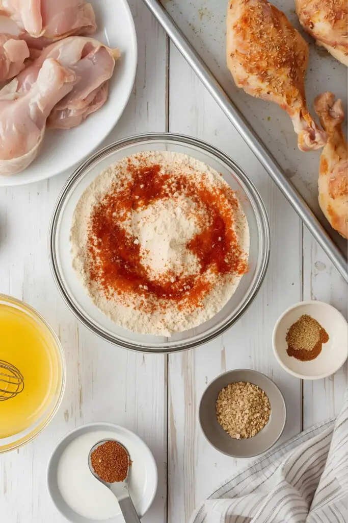 A flat lay of ingredients for oven fried chicken: chicken pieces, flour, seasonings, eggs, and milk.