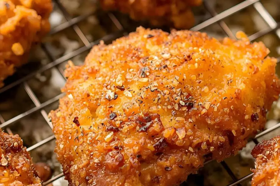 Golden brown oven fried chicken pieces with the text "Oven Fried Chicken."