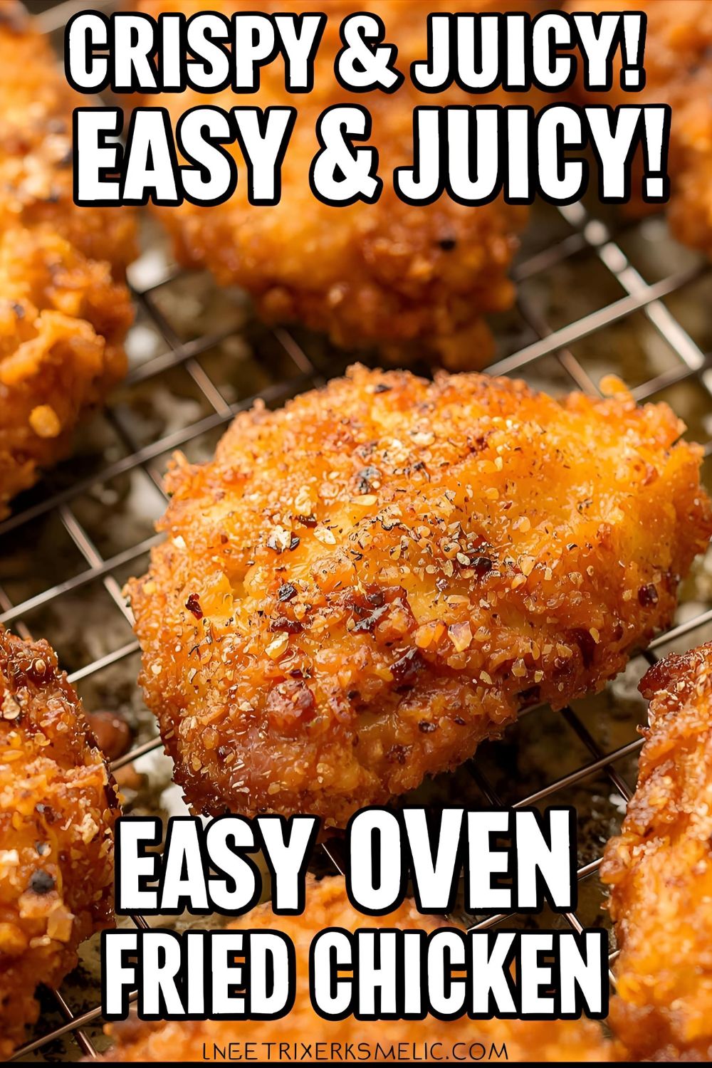 Golden brown oven fried chicken pieces with the text "Oven Fried Chicken."