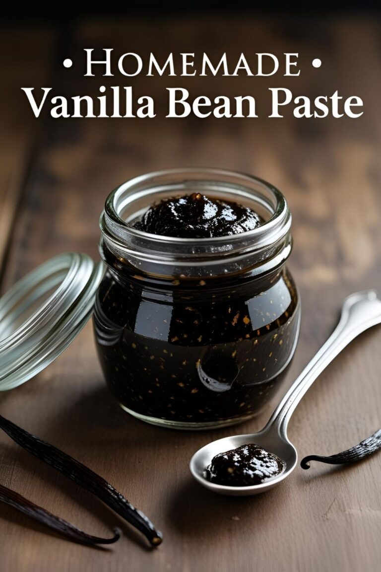 A small glass jar filled with rich, dark homemade vanilla bean paste, showing off the dense vanilla specks.