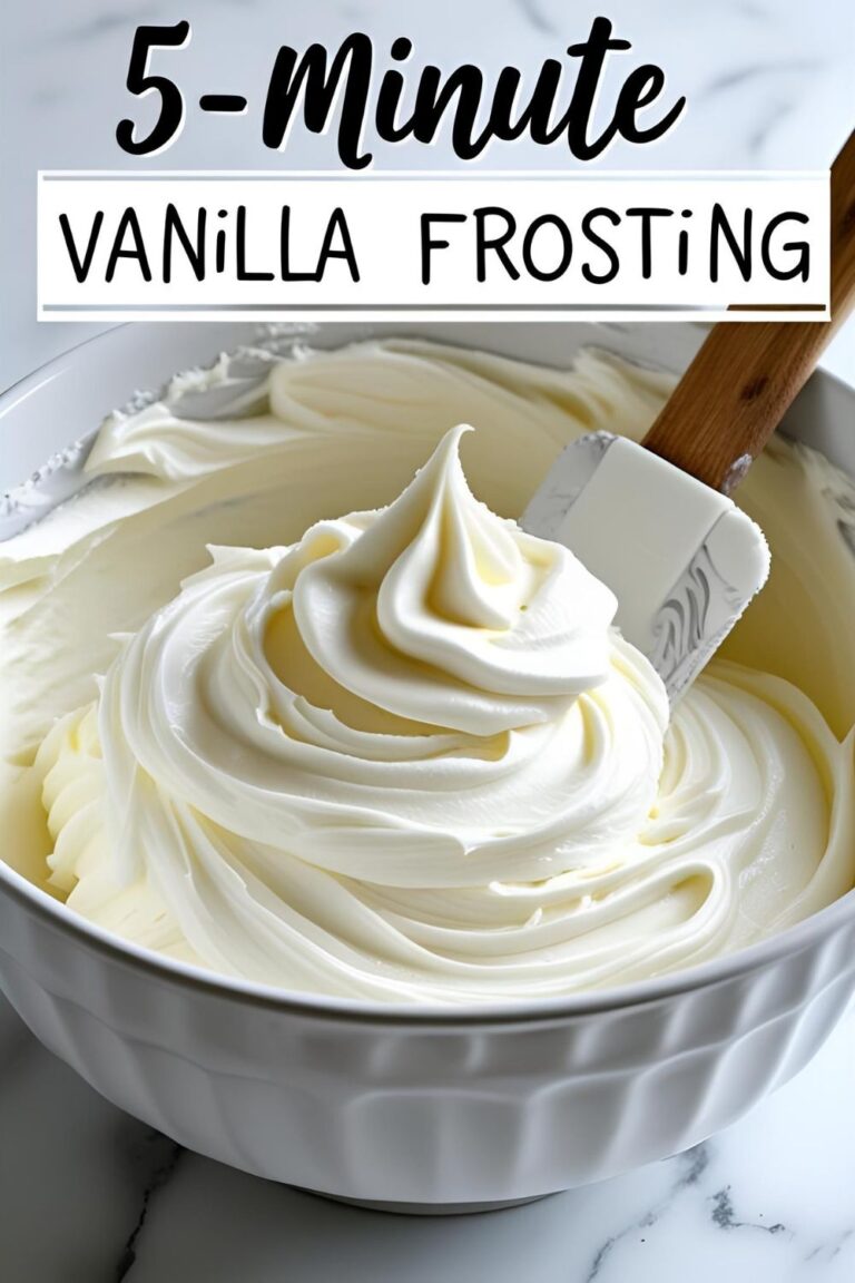 A white bowl filled with fluffy homemade vanilla buttercream frosting, with a spatula ready to spread it.