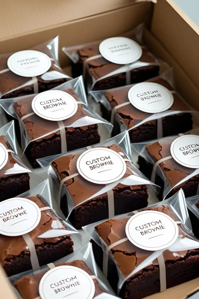 Several delicious homemade brownies, individually packaged with professional labels and ready to be sold at a market.