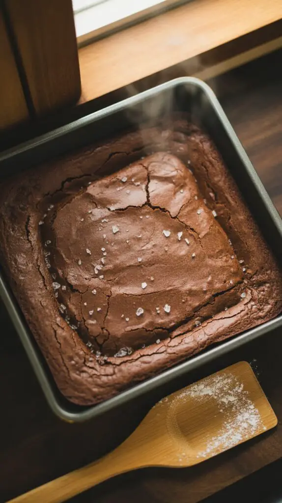 A full pan of freshly baked gluten-free brownies with a perfect crackly top, cooling on a wire rack.