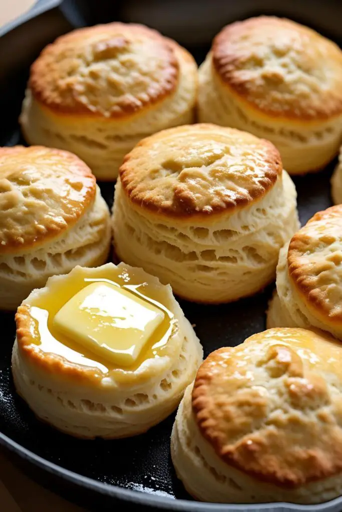 A full pan of freshly baked, golden-brown buttermilk biscuits, brushed with melted butter and ready to be served.