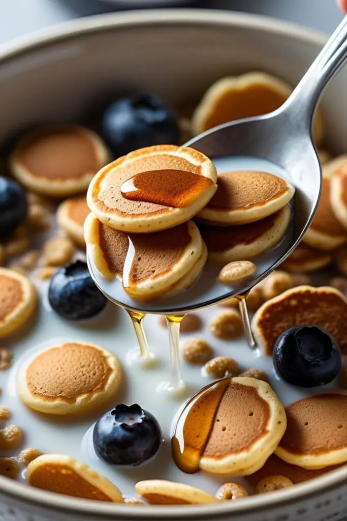 A close-up macro photo of a spoonful of mini pancake cereal, showing the texture of the tiny pancakes, milk, and berries.