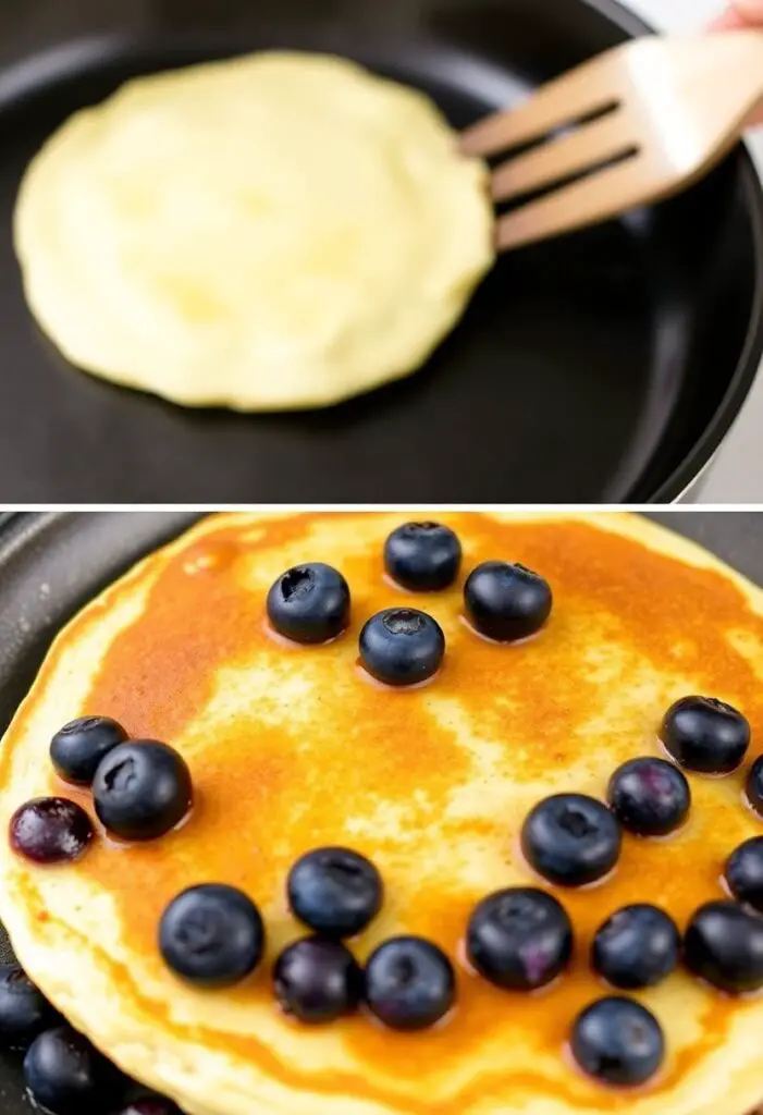 A close-up shot showing two different styles of pancakes. One is a classic, plain golden-brown pancake being flipped in a skillet, and the other is a finished pancake studded with vibrant, bursting blueberries.
