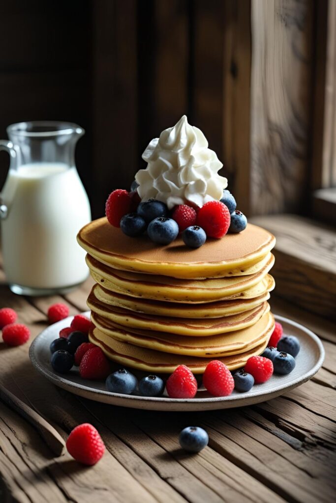 "A delicious stack of fluffy pancakes topped with a swirl of freshly made whipped milk cream and a colorful assortment of fresh berries, ready to be eaten."